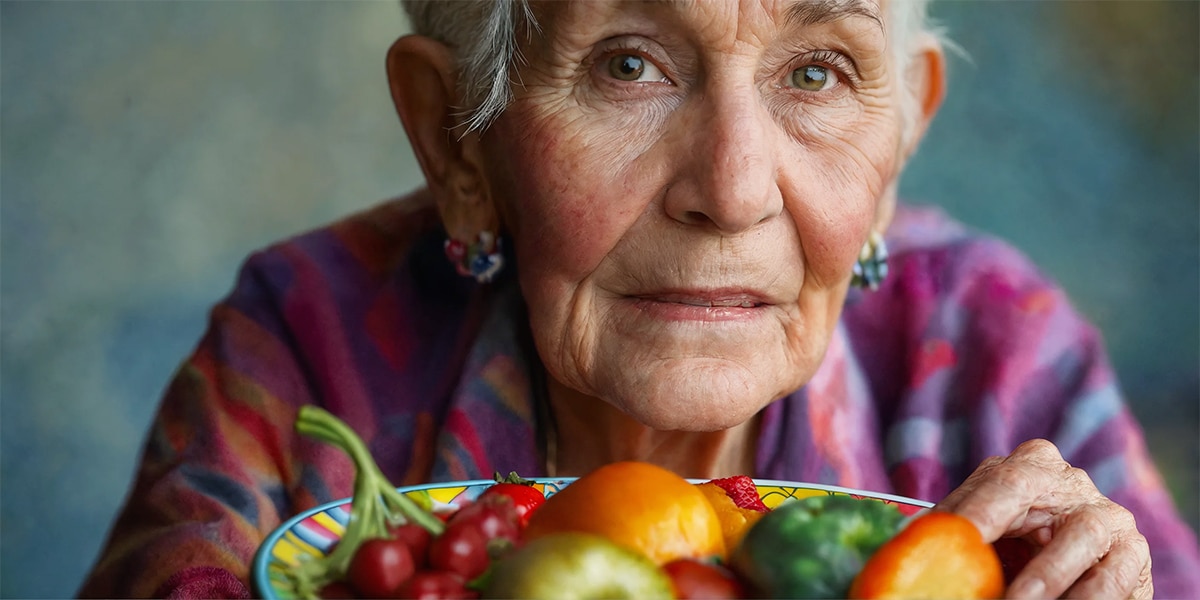 A person enjoying a vibrant plate full of assorted fruits and vegetables.