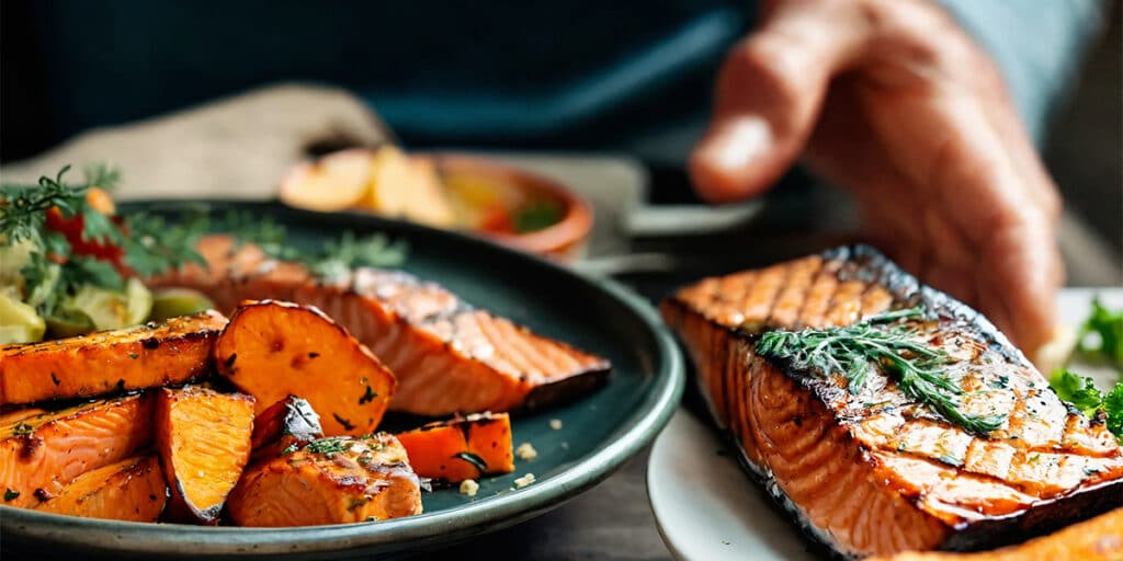 A person enjoying a healthy meal consisting of grilled salmon, assorted steamed vegetables, and a side of golden roasted sweet potatoes, symbolizing a balanced diet for oral health.
