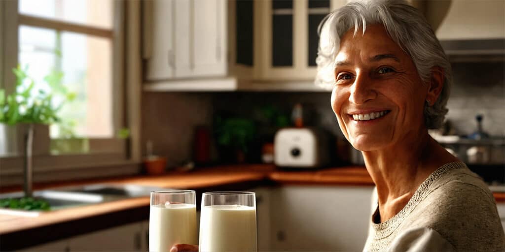 A happy individual enjoying a glass of calcium rich milk in the kitchen, showcasing a radiant smile.