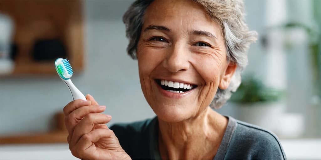 A joyful senior using a voice-activated assistant to operate their electric toothbrush, showcasing the integration of technology in simplifying daily routines.