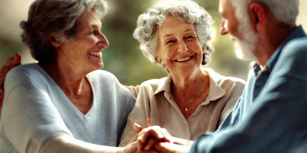 A senior couple holding hands and smiling together in a support group setting.