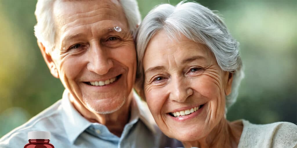Senior couple smiling while holding a container of probiotic capsules, highlighting the benefits of probiotics for oral health in the elderly.