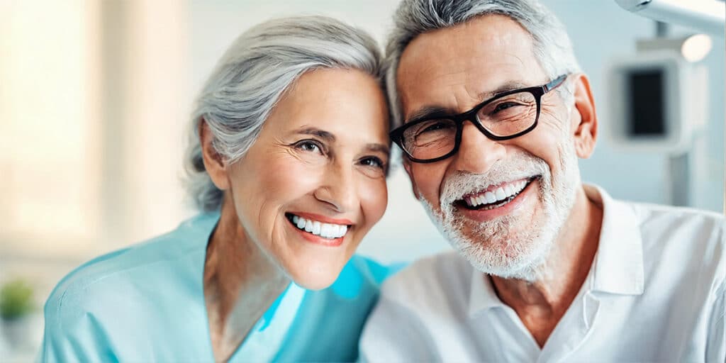 A senior couple smiling broadly, showcasing their healthy teeth, in the bright and welcoming environment of a modern dental clinic.