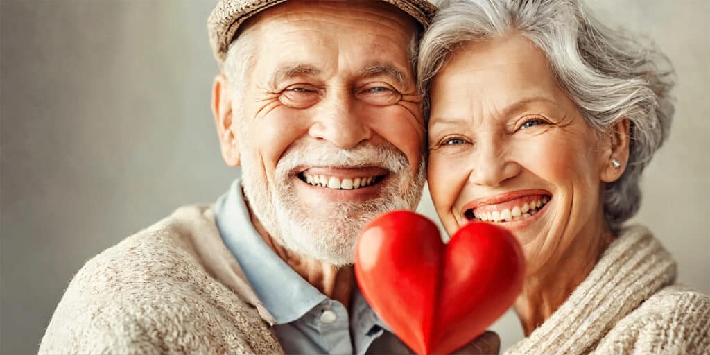 A senior couple smiling brightly, showcasing their healthy teeth, with a symbolic heart visible in the background, emphasizing the connection between oral health and heart wellness.