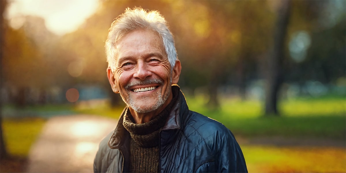 A senior person showcasing a vibrant, healthy smile while standing in a lush park.