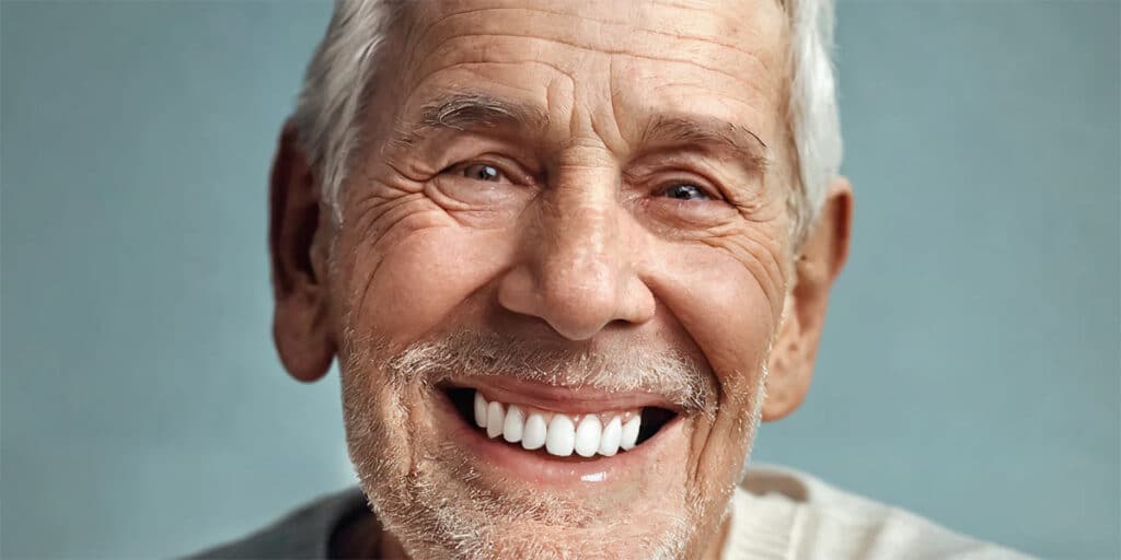 Senior person with a gentle smile, holding a container of denture cleanser tablets symbolizing proper dental care and hygiene for the elderly.
