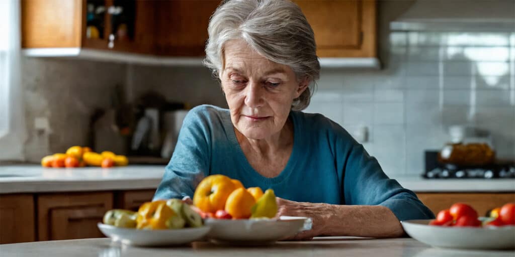 Senior person examining a kitchen table laden with foods suitable for denture and implant wearers, including soft fruits, steamed vegetables, and dairy products.