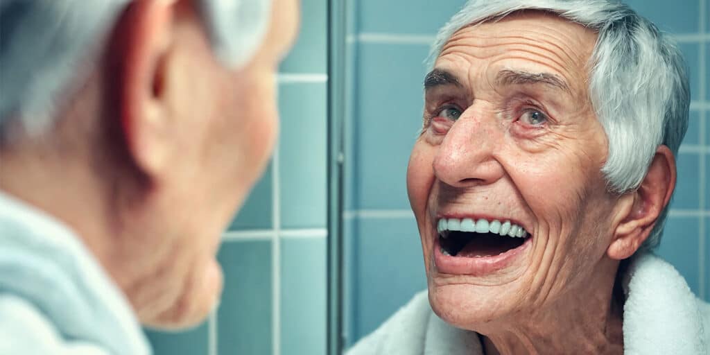 A senior individual examines their dentures closely in the bathroom mirror, reflecting a moment of daily dental care routine.