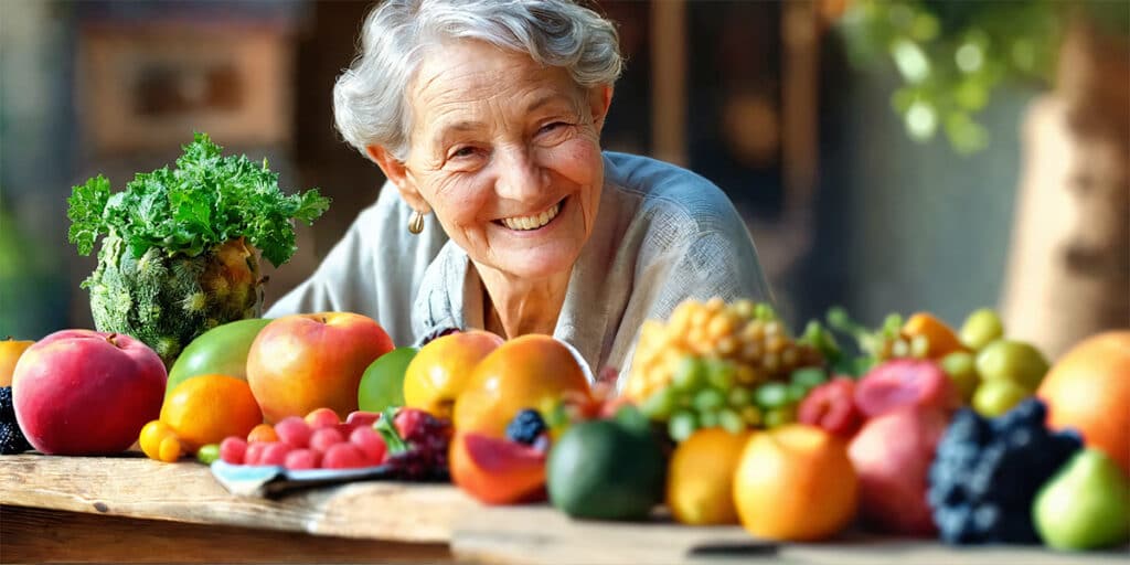 A joyful senior gazing at a table laden with an array of colorful fruits and vegetables, reflecting a commitment to healthy living.