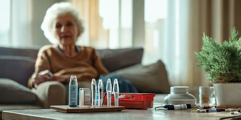 A senior sitting in their living room next to a table, reviewing an at-home oral cancer screening kit.