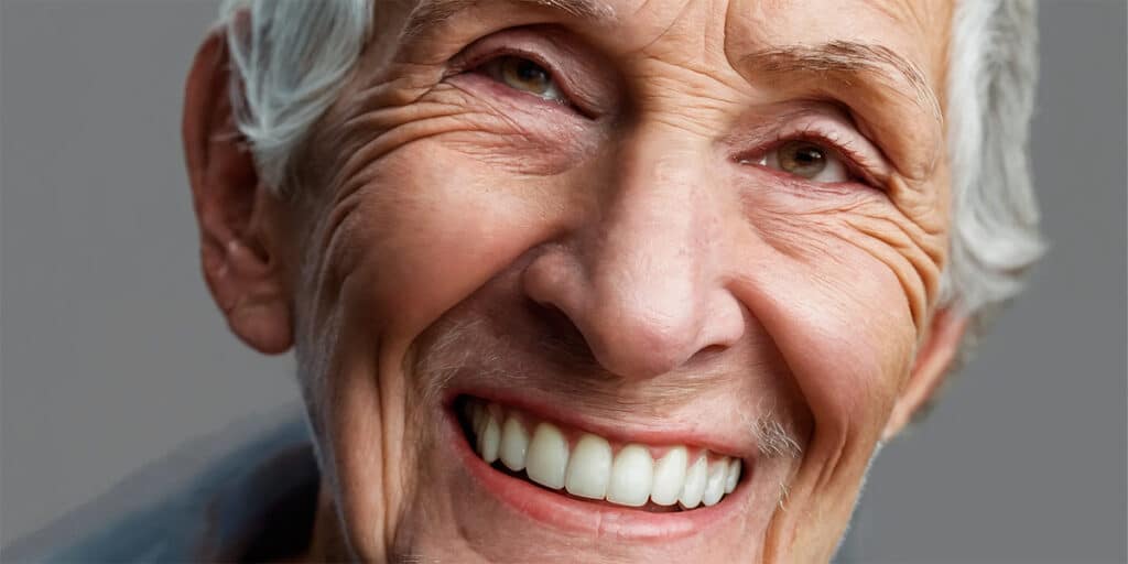 Senior person smiling confidently with their well-fitting dentures, depicting everyday satisfaction and comfort.