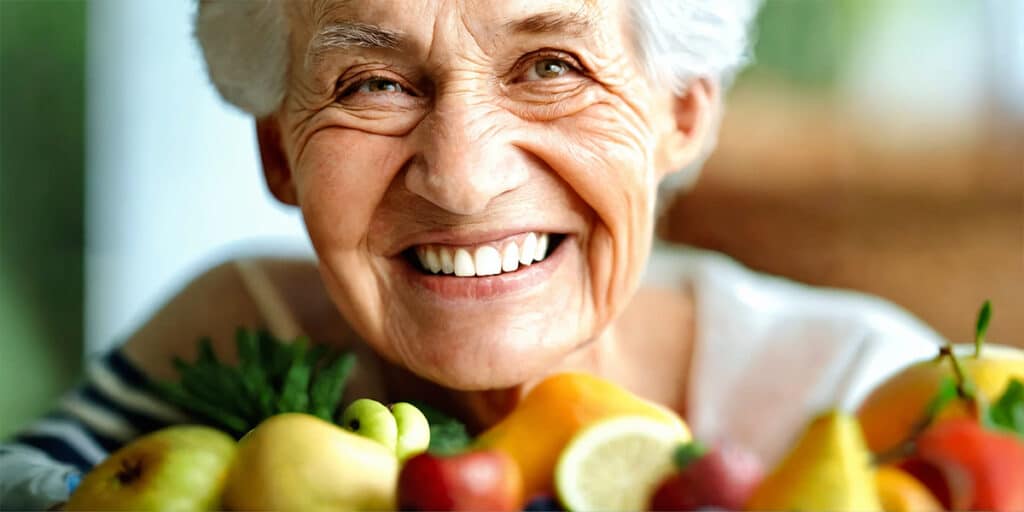 A close-up image of a senior person smiling widely, showcasing healthy, strong teeth, with a colorful assortment of fruits and vegetables in the foreground, highlighting a diet that promotes dental health.