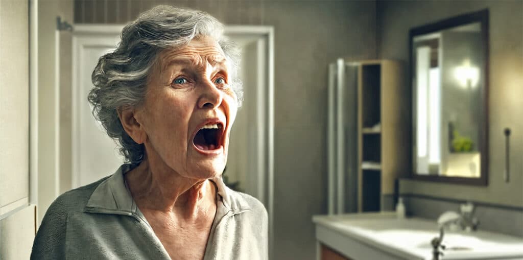 Image of an elderly woman standing in the bathroom, visibly in need of flossing.