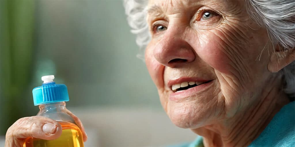 A senior woman effortlessly using a specially designed mouthwash bottle, tailored for easy handling and use.