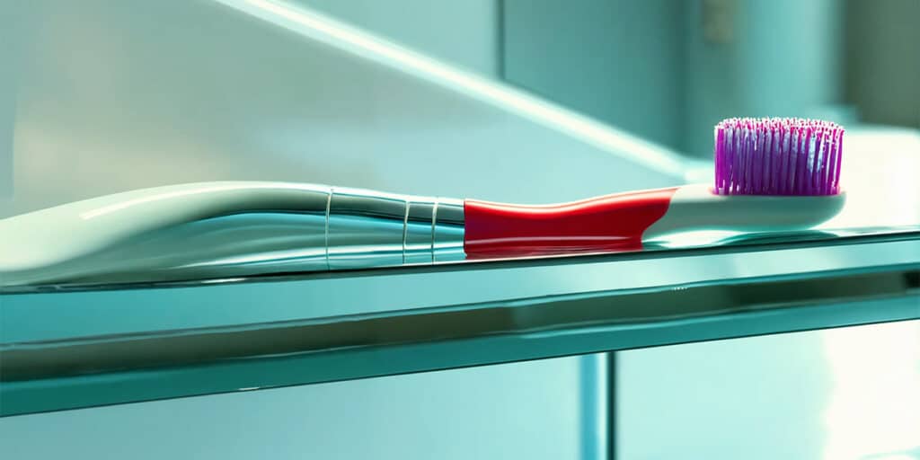 A toothbrush featuring an oversized grip rests on a bathroom glass shelf, highlighting its ergonomic design for easier handling.