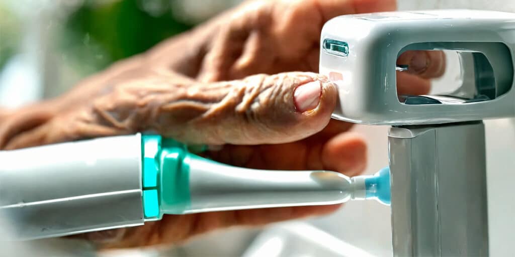 A close-up view of a senior person using an automated toothpaste dispenser to apply toothpaste onto a toothbrush, highlighting ease of use and independence in dental care.