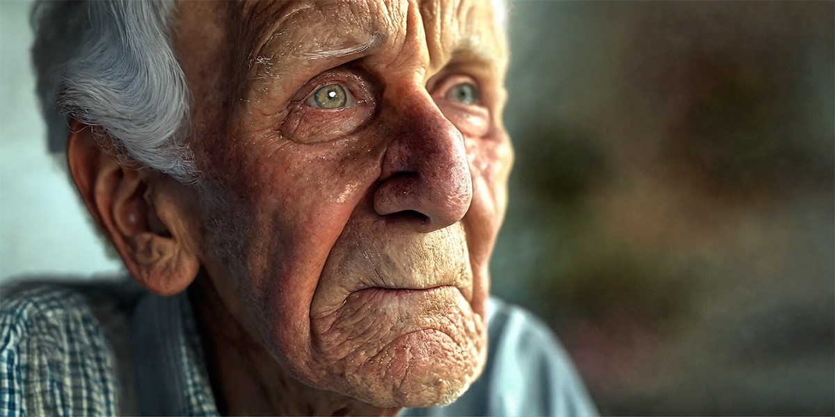 An elderly person looking concerned, contemplating the possibility of oral cancer.