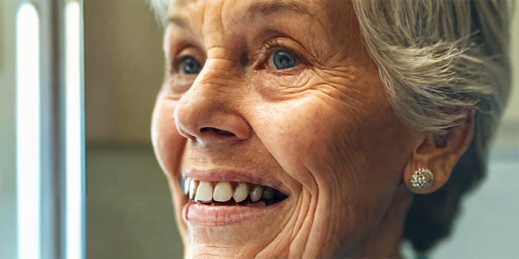 An elderly individual examining their dental implant closely in the bathroom mirror, reflecting a moment of oral health care routine.