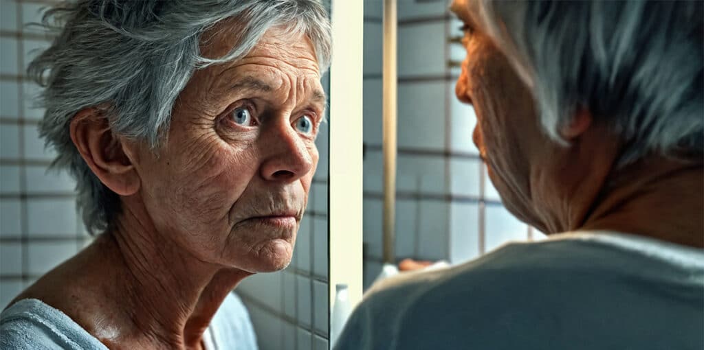 An elderly person in the bathroom, demonstrating oral care habits linked to preventing Alzheimer's.