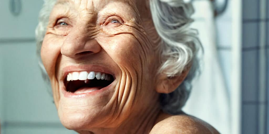 An elderly person smiling while examining their teeth in a bathroom mirror, reflecting satisfaction and confidence in their oral health.