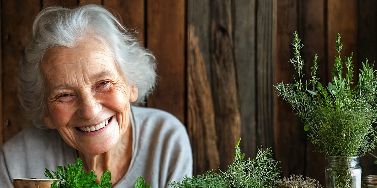 An elderly person showcasing a vibrant, healthy smile with a selection of herbal remedies arrayed on a wooden table in front.