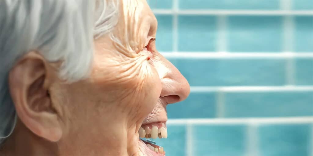 An elderly woman carefully performing denture maintenance in her bathroom, ensuring her dental health is well taken care of.