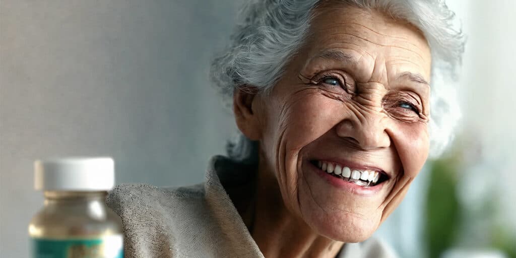 An older individual smiling brightly, showcasing healthy teeth, with a bottle of nutritional supplements nearby, emphasizing the link between nutrition and oral health.