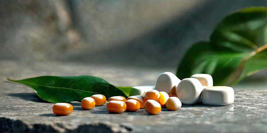 An array of natural supplements and vitamins tailored for gum health, artistically arranged on a sleek stone table,