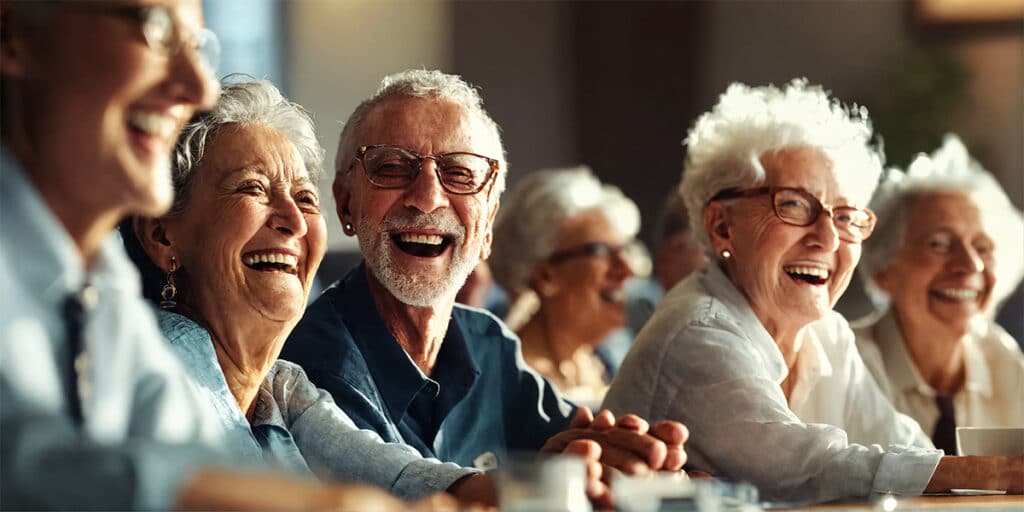 Group of seniors laughing and smiling together at a table in a conference room.