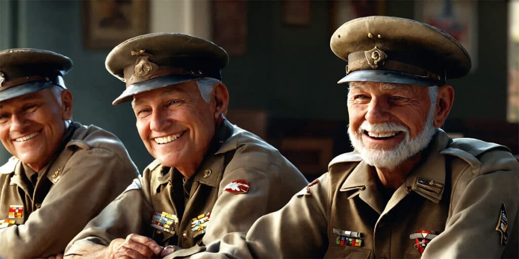 A group of Western seniors in soldier uniforms, preparing to symbolically battle gum disease as part of a campaign for diabetic senior oral health.