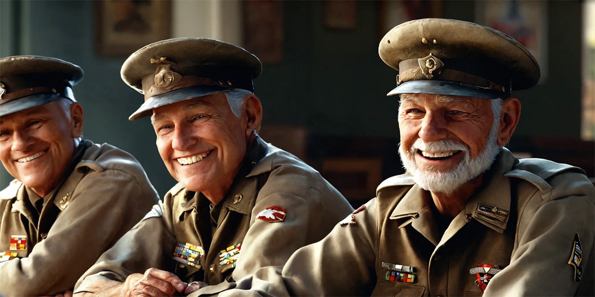 Western seniors in soldier uniforms, symbolically battling gum disease to promote oral health for diabetic seniors, emphasizing the link between diabetes and gum disease.