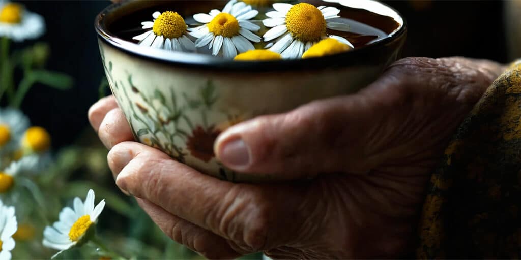 Senior person holding a cup of herbal chamomile tea, enjoying a soothing moment.