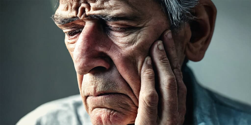 Elderly person looking worried and holding their jaw due to tooth pain.