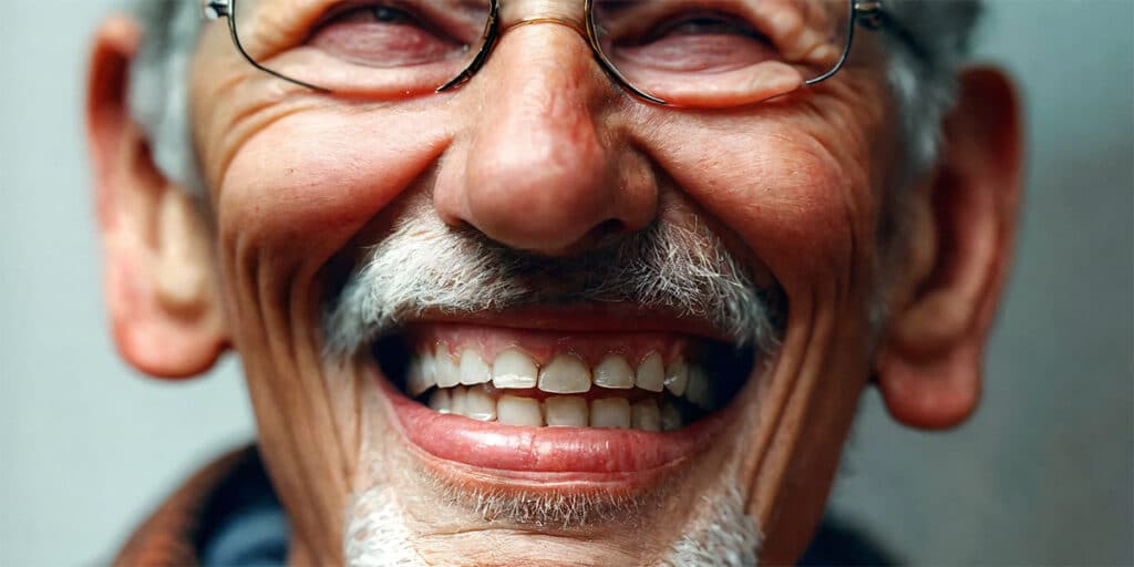 Person smiling brightly, showing off their new dentures.