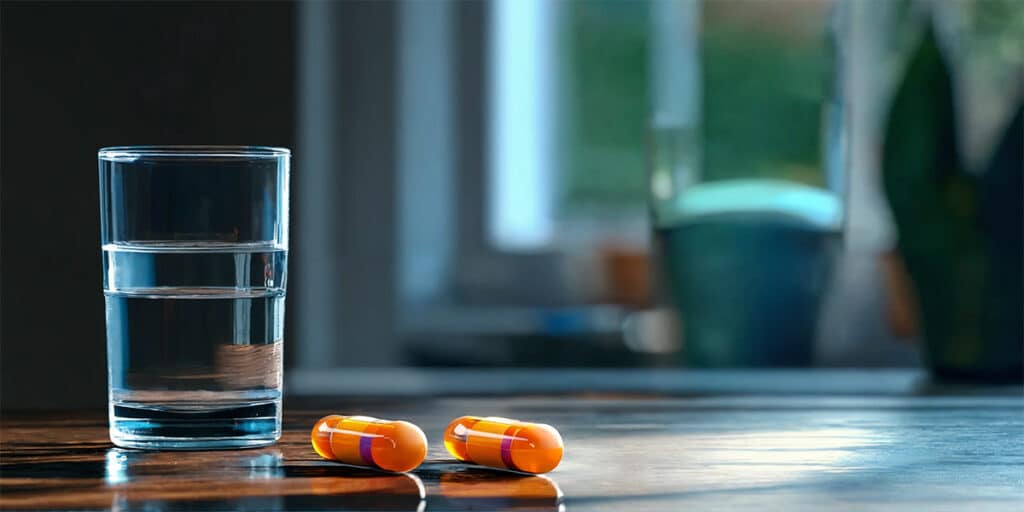 A pill glass next to a water glass on a table, symbolizing drug-induced oral sensitivity.