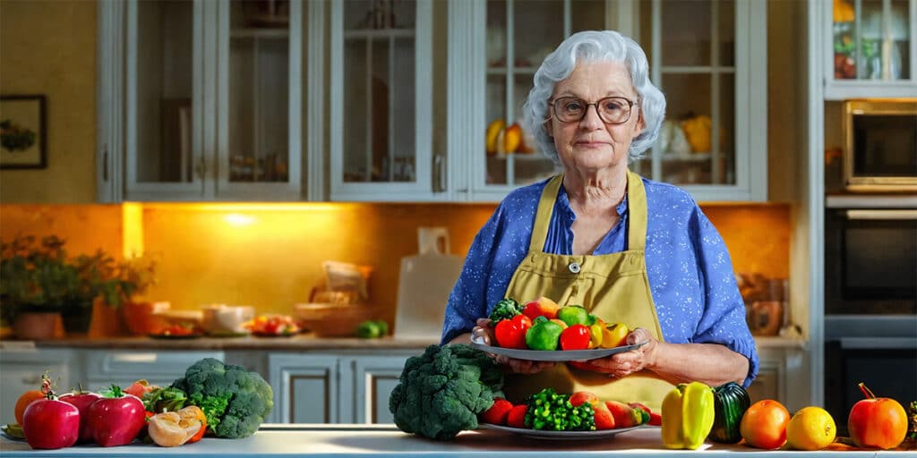 Senior person at a kitchen counter, smiling while arranging a colorful plate of assorted fruits and vegetables, promoting a healthy lifestyle.