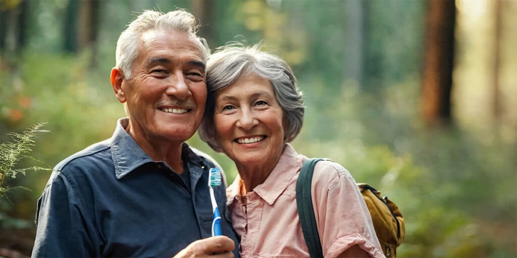 Senior couple smiling, holding a toothbrush, standing together in a lush forest. The image captures their joy and vitality, surrounded by towering trees and greenery, symbolizing a healthy lifestyle connected to nature.