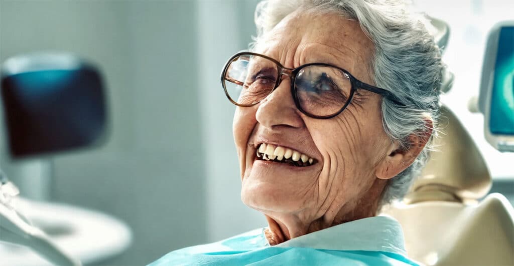 Senior diabetic patient sitting in a dentist's chair during a check-up, with the dentist examining their oral health.