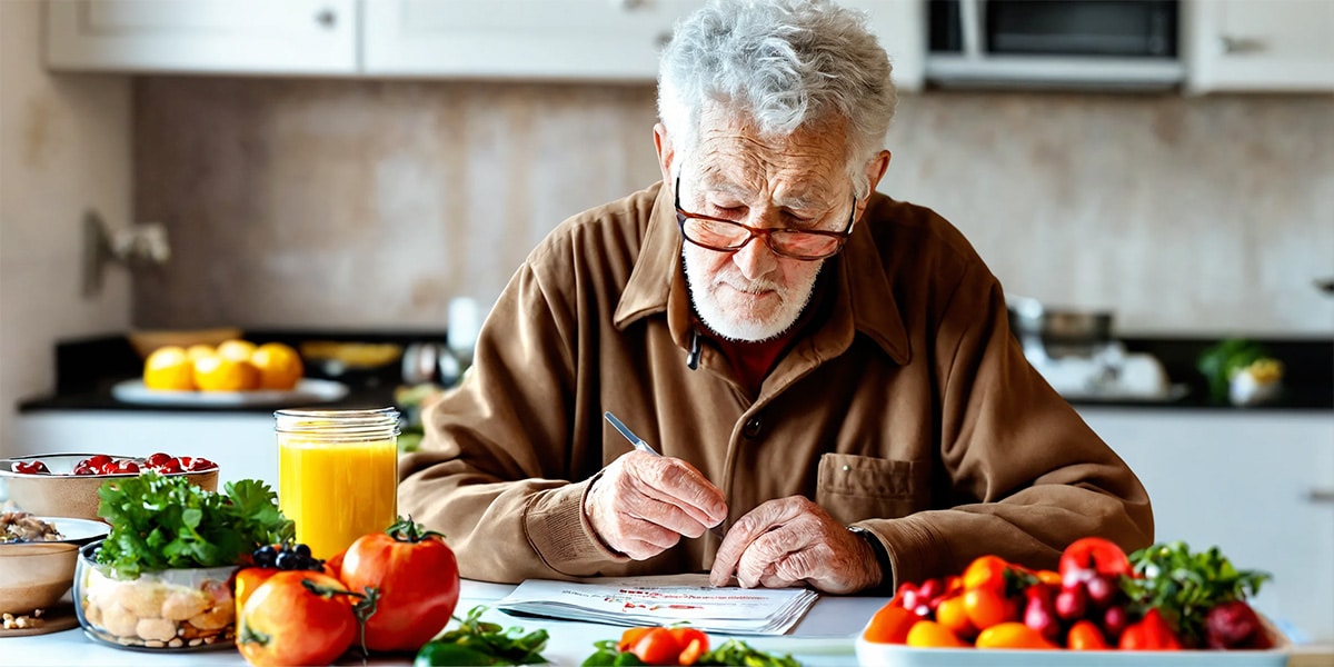 Senior sitting at a kitchen table with a variety of healthy foods, including fruits, vegetables, and whole grains, while writing in a meal planning notebook, focusing on meal planning for a diabetic diet to optimize oral and diabetic health.