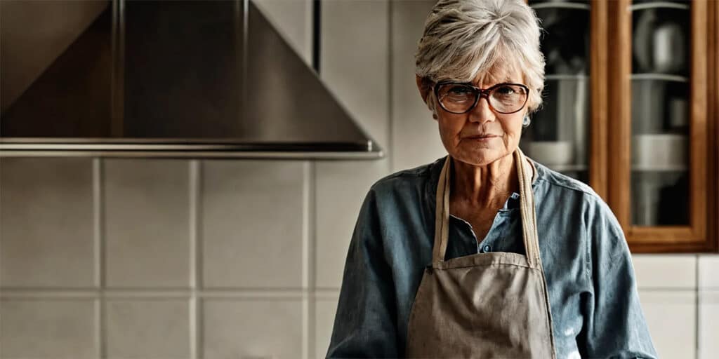 An elderly individual standing in a modern, well-equipped kitchen, preparing ingredients and getting ready to cook.