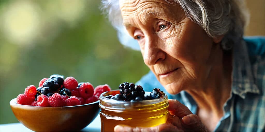 Senior examining a bowl of fresh berries and a jar of honey on a kitchen table, representing healthy natural alternatives to refined sugar.