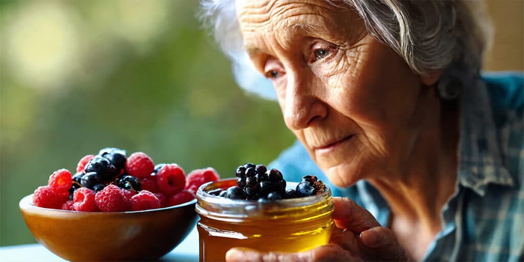 Senior examining a bowl of fresh berries and a jar of honey on a kitchen table, highlighting safe sugar alternatives for diabetics.