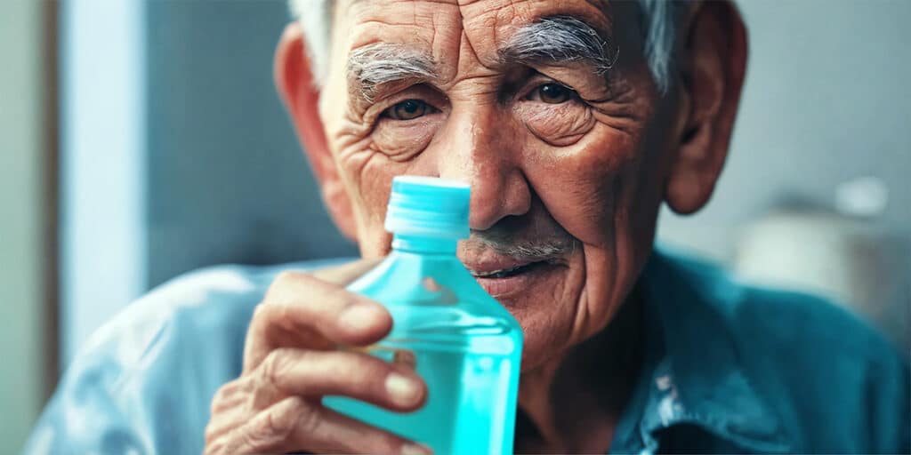 Senior adult holding a bottle of mouthwash, standing in a bathroom with a thoughtful expression, prepared for their oral hygiene routine.