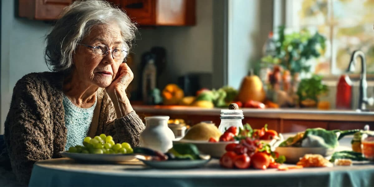 Senior person examining a kitchen table filled with good food for oral health, including dairy products, crunchy fruits and vegetables, nuts, and whole grains.