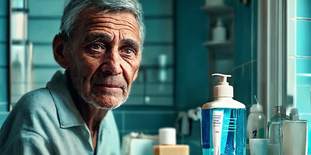 Senior person standing in a bathroom with a toothbrush, toothpaste, and mouthwash arranged on the shelf in front of them, preparing for their oral care routine.