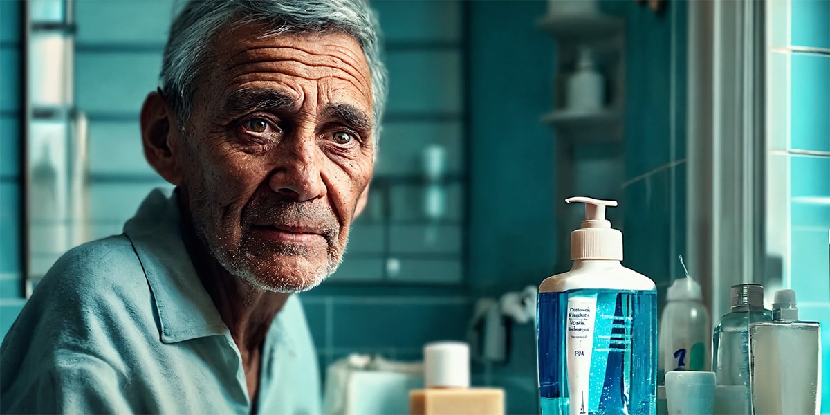 Senior person in a bathroom with a toothbrush, toothpaste, and mouthwash, preparing for their proper oral care routine.