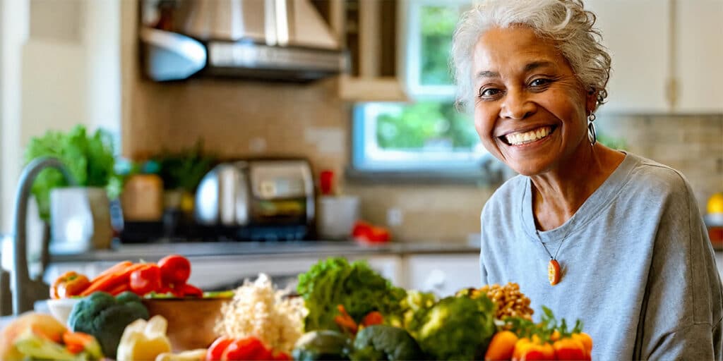 Senior person smiling at a well-balanced meal on a kitchen counter, featuring an array of healthy food options including vegetables, lean protein, and whole grains.