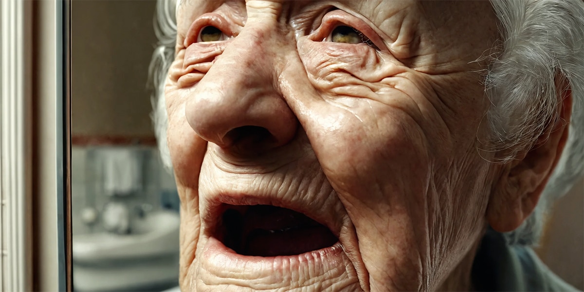 Elderly man examining his mouth in the bathroom mirror, reflecting a moment of personal oral health care.