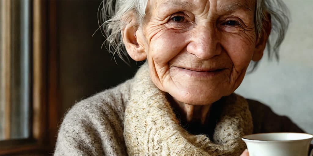 Elderly person holding a cup of tea and smiling gently, embodying gentle care techniques for seniors with sensitive mouths.