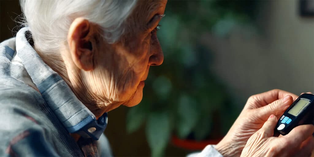 An elderly person attentively checking their blood sugar level using a digital glucose monitor, highlighting the importance of diabetes management in seniors.